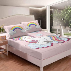 Loussiesd Children's Fitted Sheet 90 x 200 cm Girls Unicorn Pink Cartoon Unicorn Rainbow Clouds Print Bed Sheet Set for Teenagers Women Cute Animals Decorative Fitted Sheet Microfibre