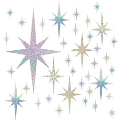 Pack of 45 Star Sequins Iridescent Wall Decoration, Removable Silver Star Decor, 3 Sizes, Holographic Starburst Decoration for Children, Dormitory, Wedding, Decoration, Birthday (Silver)