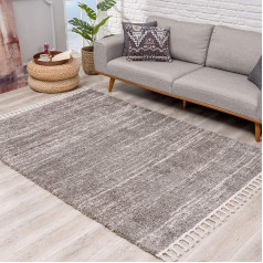High Pile Living Room Rug, Ethnic Style, Mottled, 140 x 200 cm, Grey Cream, Rugs with Fringes
