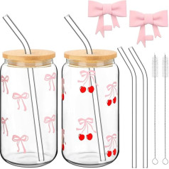 Set of 2 Coquette Bows Glass Cups 16oz Pink Bow Glass Cups with Lid and Straws Reusable Pink Bow Silicone Straw Toppers Lid Protectors 2 Brushes