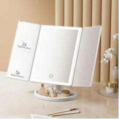 Warmiehomy Cosmetic Mirror with Light Bar, 2X/3X Magnification Makeup Mirror, Folding Mirror, Dimmable with Touch Screen, 180° Rotation, Portable USB Rechargeable with Dual Power Supply for Travel