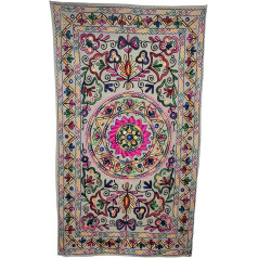 Original Kikan Rectangle Indian Floral Suzani Art Sequin Cotton Embroidered Runner Ethnic Boho Tapestry Grey