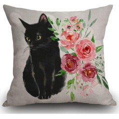 Smooffly Black Cat Watercolor Flower Cushion Cover Decorative Linen Square Double Sided Printing Cushion Cover for Home Office Sofa Couch Car Garden 18x18 Inch