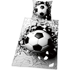 Herding 3D Effect Football Bed Linen Set, Pillowcase 80 x 80 cm, Duvet Cover 135 x 200 cm, with Smooth Zip, 100% Cotton/Renforcé, Grey/White