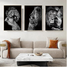 KAIDAARTLH Black and White Lion Canvas Pictures, Animal Poster Set, Art Prints, for Living Room, Bedroom, Decor, Frameless (A, 3 x 50 x 70 cm)