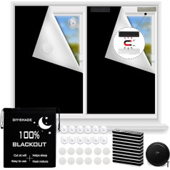 Window Magnetic Portable 100% Blackout Roller Blind Travel Blackout Curtains, No Drilling, Free Cut with 12 x Suction Cups, 12 x Magnetic Clasps, (Black, 145 x 300 cm)