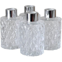 Ougual Set of 4 Diamond Carving Cylindrical Glass Diffuser Bottles, Main Fragrance Container of Essential Oils (120 ml, Silver Caps)