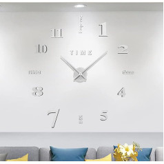 Meyiert Modern Frameless DIY Mute Large Wall Clock 3D Mirror Sticker Metal Large Clocks Wall Clock for Living Room Kitchen Home Office Bedroom School Decoration (Silver)