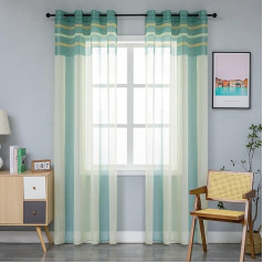 1 Pair Semi-Transparent Voile Curtains with Stripes for Living Room, Bedroom, Kitchen and Indoor, 2 Panels with Eyelets (140 x 270 cm, Green+Yellow)