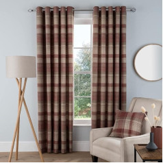 Sleepdown Wine Red Woven Brushed Check Lined Eyelet Curtains for Bedroom Living Room 66