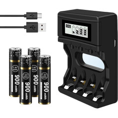Battery Charger with AAA Batteries Pack of 4 - 1.5 V/Lithium Rechargeable Lithium AAA Batteries 900 mWh with 4 x LCD Battery Charger for Li-Ion AA AAA Batteries, Micro USB Quick Charge