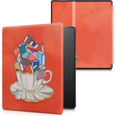 kwmobile Flip Case Compatible with Amazon Kindle Oasis 10th Generation - Case eReader - Mug with Books Beige Blue Coral