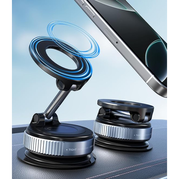 Magnetic Car Mobile Phone Holder with Suction Cup [360° Rotatable & Foldable], Metal Car Mount Compatible with MagSafe iPhone, for Windscreen/Glass/Any Smooth Surface, Black