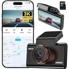 Hikvision Dashcam Car Front 3K, GPS, 3 Inch IPS Curved Display with Night Vision, Car Camera with 64GB SD Card, Parking Monitoring, WiFi App Control, WDR, G-Sensor, Loop Recording, Max 128GB (C6 Pro)