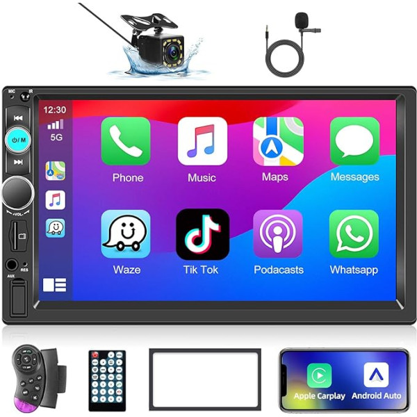 Podofo Car Radio 2 DIN with Carplay Android Car, 7 Inch Touchscreen Car Radio Double DIN Stereo with Bluetooth, Rear View Camera, Mirror Link/FM Radio/Aux-in/Remote Control + Frame and Microphone
