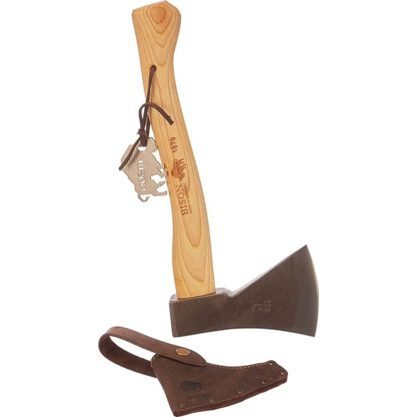 Bison Universal Hatchet 1879 800 g HY I Small Outdoor Axe 380 mm Long for Forestry, Garden and Much More I With Triple Safety Wedges & Real Leather Cutting Protection, Natural