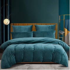 Warm Winter Bed Linen 200 x 220 cm, Petrol Blue Fluffy Flannel Plush Duvet Cover Set, Fleece Microfibre Bedding Set and Pillowcases 80 x 80 cm