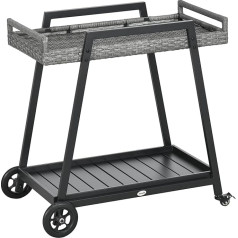 Outsunny Rattan Serving Trolley with Shelf, Garden Trolley, Kitchen Trolley with Handles, Bremen, Outdoor Bar Trolley for Balcony, Steel, Grey
