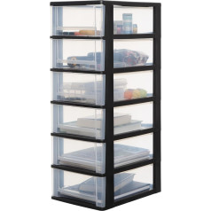 Iris Ohyama, Plastic Drawer Box with 6 Flat Drawers, Black, Easy Pull System, A4, A5 & A6 Format, Desk Organiser for Office, School, Stationery, BPA-Free, Drawer Cabinet