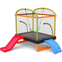 PILIN Trampoline, Square Trampoline with Slide and Climbing Ladder, Includes Safety Net, Padding, Swing, Garden Trampoline for Indoor and Outdoor Use, Birthday Gift for Children