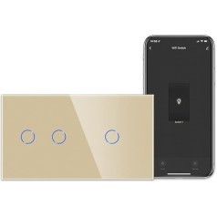 CNBINGO Smart Touch Light Switch, Works with Alexa and Google Assistant, Double Wall Switch, Flush-Mounted, in Gold, Single and Double WiFi Switch, with Glass Panel, Neutral Conductor Required