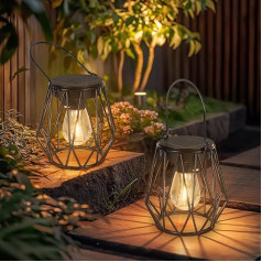 Solar Lights for Outdoor Hanging/Standing, Pack of 2 IP65 Waterproof Metal Solar Lantern, Retro LED Solar Lanterns, Diamond for Outdoors, Garden, Balcony, Outdoor, Patios, Warm White