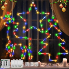 LED Christmas Lighting, Illuminated Christmas Decoration, 140 LED Colourful Window Lighting Fairy Lights, 8 Modes with Timer Light, Decorative Hanging Light Star, Reindeer, Christmas Tree -