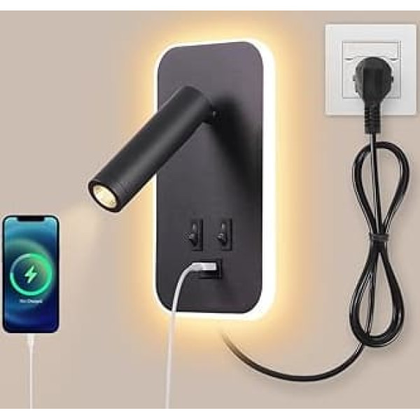 3 W + 9 W LED Reading Lamp Wall Lamp USB Charging with Switch Wall Reading Lamp Bed Lamp Indoor Reading Light Swivel Wall Lighting Bedroom Bedside Lamp 3100 K with Plug and Cable Black