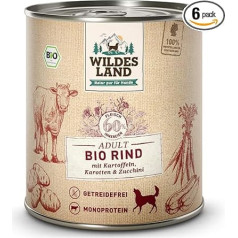 Wildes Land - Wet Food for Dogs - Organic Beef - 6 x 800 g - Grain-Free - Extra High Meat Content of 60% - 100% Certified Organic Ingredients - Best Acceptance and Compatibility