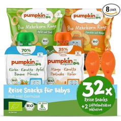 Pumpkin Organics Travel Snacks for Babies from 8 Months - Organic Vegetable Squeeze and Organic Crispy Snacks Ideal for Travel, for Hand Luggage, on the Plane or on the Train - Baby Snacks without