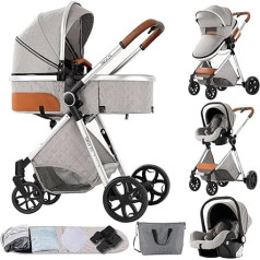 MoLi 3-in-1 Pushchair Set, Reversible Double Sliding Mode, Combination Pram, 3-in-1 Large Comfortable Baby Carrier, Buggy Frame, Aluminium Alloy, Foldable, High Landscape (225 Light Grey)