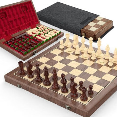 Premium 38 cm Walnut Magnetic Chess and Checkers Set - 2-in-1 Foldable Wooden Board Game with Staunton Figures, 2 Extra Ladies, Tiles and Dust Bag (Red)