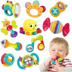 REMOKING Rattle Teether Baby Toy, Baby Toy from 0 Months, 10 Pieces Early Education Toy for Toddlers, Boys, Girls