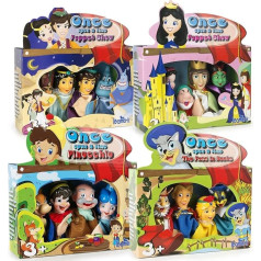 Leomark Colourful Dolls to Play in the Theatre - 4 Fairy Tales - Hand Puppets for Children, Snow White, The Puss in Boots, Pinocchio, Alladyn (Set of 16 Hand Puppets)