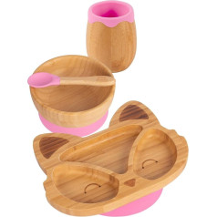 4pc Pink Fox Bamboo Suction Baby Feeding Set - Toddler Weaning Silicone Stay On Food Bowl Plate Spoon Cup Complete Starter Kit - From Tiny Dining
