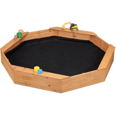 Relaxdays Sandpit, octangular, 4 benches, with sandpit fleece, HBT 22.5 x 160 x 160 cm, sand box, fir wood, natural