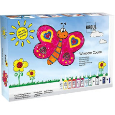 Kreul 42752 - Window Colour Window Paint Set with 8 Colours in 80 ml Paint Bottles Black Contour Colour, Night Glow-in-the-Dark Colour, Films, Glass Beads and Motif Templates