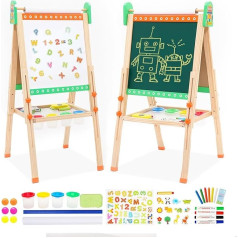 Children's Wooden Play Board with Paper Roll, Double-Sided Whiteboard and Board, Foldable, Height Adjustable, Children's Easel with Robot Pattern, Numbers and Other Accessories for Children
