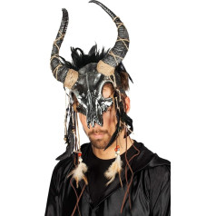 shoperama Voodoo Animal Skull Headpiece with Horns Feathers Beads Priest Warrior Shaman Barbarian Colour: Silver/Black