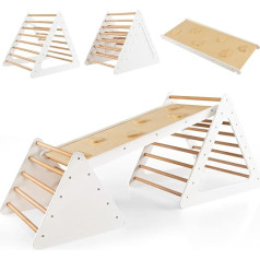 COSTWAY Montessori 3-in-1 Children's Climbing Triangle with Ramp, 2 Montessori Wooden Climbing Ladders for Climbing, Maximum Load 60 kg, Indoor Use for Children from 3 Years