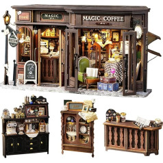 Spilay DIY Miniature Dollhouse Kit, DIY Dollhouse Kit with Wooden Furniture, with Dust Cover and LED, Handmade Gifts for Birthday Christmas (Vintage Magic Coffee Shop) F-041