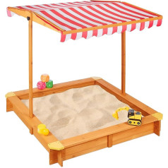 Relaxdays Sandpit with Adjustable Roof, H x W x D: 117 x 117 x 117 cm, Sand Box with Floor Fleece, Fir Wood, Natural, Light Brown, Red, White