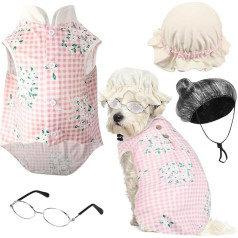 4 Stücke Alte Dame Kostüm für Hund Oma Hunde Kostüm mit Rosa Floral Hundekleid Alte Dame Haustiere Perücke Lustige Hund Katze Retro Sonnenbrille Spitze Sonnenhaube für Halloween Reiten Kapuze