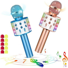 Set of 2 Wireless Bluetooth Microphone Karaoke with LED Lights Portable Handheld Singing Karaoke Speaker Machine Toy Gifts for Children Adults (with 10 Disposable Microphone Covers)