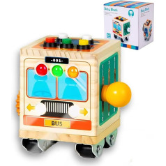 Montessori Activity Board for Kids, Sensory Activity Cube Toy Wooden with LED Car Light, Switch, Steering Wheel, Gear, Educational Toy for Fine Motor Skills as Gift for Boys