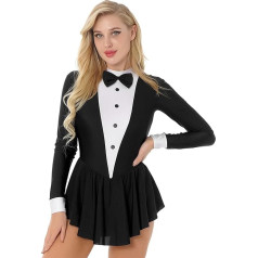 JEATHA Women's Waitress Dress Mini Pleated Dress Tuxedo Costume Long Sleeve Waitress Cosplay Bows Christmas Carnival Costume Elegant Tuxedo Uniform