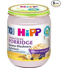 HiPP Organic Breakfast Porridge, Banana Blueberry Porridge, No Added Sugar, 6 x 160 g