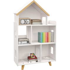 Zonekiz Storage Rack for Toys Children and Books, Storage Cabinet in the Shape of a House - 3 Tiers with Shelves - Solid Wood - 65 x 25 x 108.5 cm - White and Natural