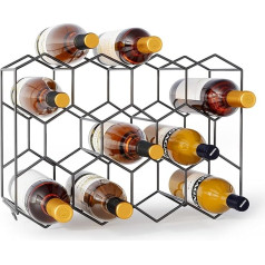 Urban Deco Metal Wine Rack for 14 Bottles, Bottle Rack Black with 2 Hooks for 2 Wine Glasses, Wine Rack Small for Kitchen, 43 x 13.6 x 31 cm