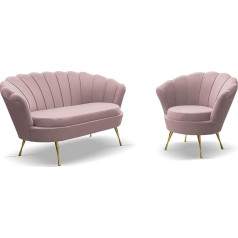 Venasi Möbel VENASI MÖBEL 2 Piece Lounge Set Wooden Frame 2 Seater Sofa and Armchair Glamour Velvet Fabric Gold Metal Legs (Pink)